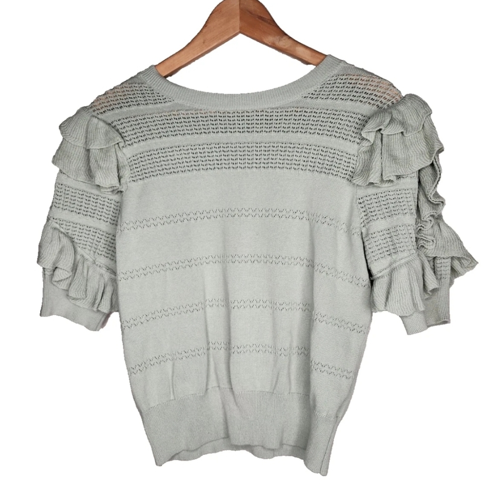 Caligraphie Ruffled Short Sleeve Sweater in Green Size M